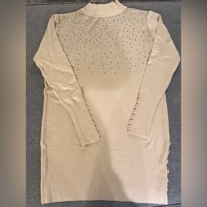 Beige Long Sleeve Sweater with Studded Front